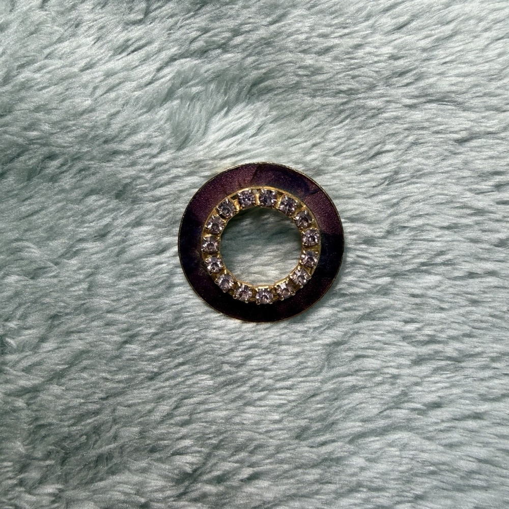 Gold Circle Brooch Pin Purple Clear Rhinestone Accent Vintage Jewelry-PREOWNED
